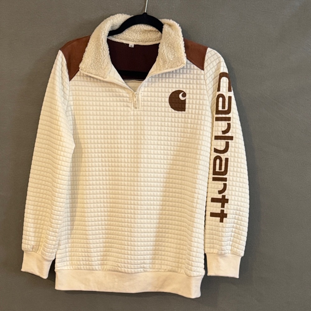Carhartt Women's Cream and Brown Zip-Up Sweater